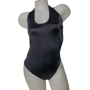 Black One Piece Swimsuit Womens Size 14 Halter Backless Made USA Nylon Spandex